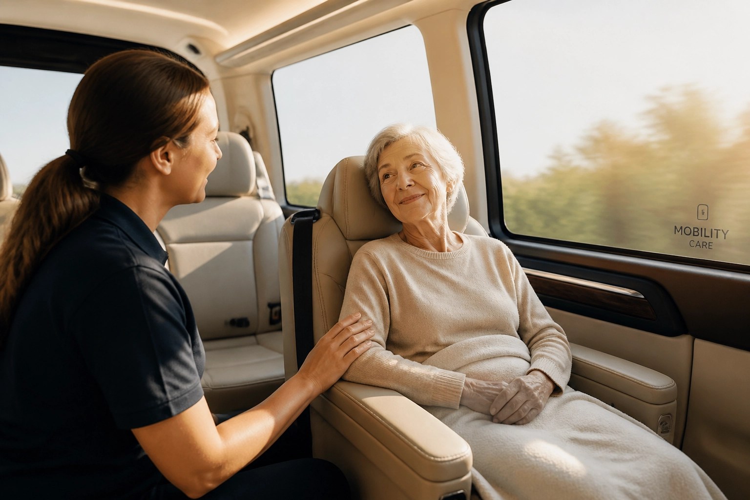 Patient and caregiver seated comfortably inside a premium medical transportation vehicle.