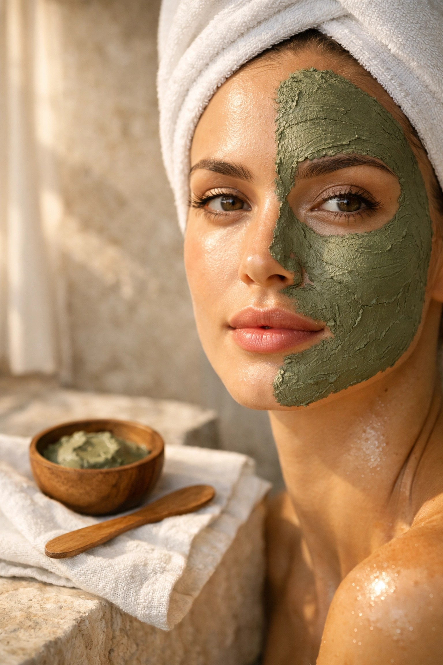 Natural green clay face mask drying on skin to remove impurities during a clay detox routine.