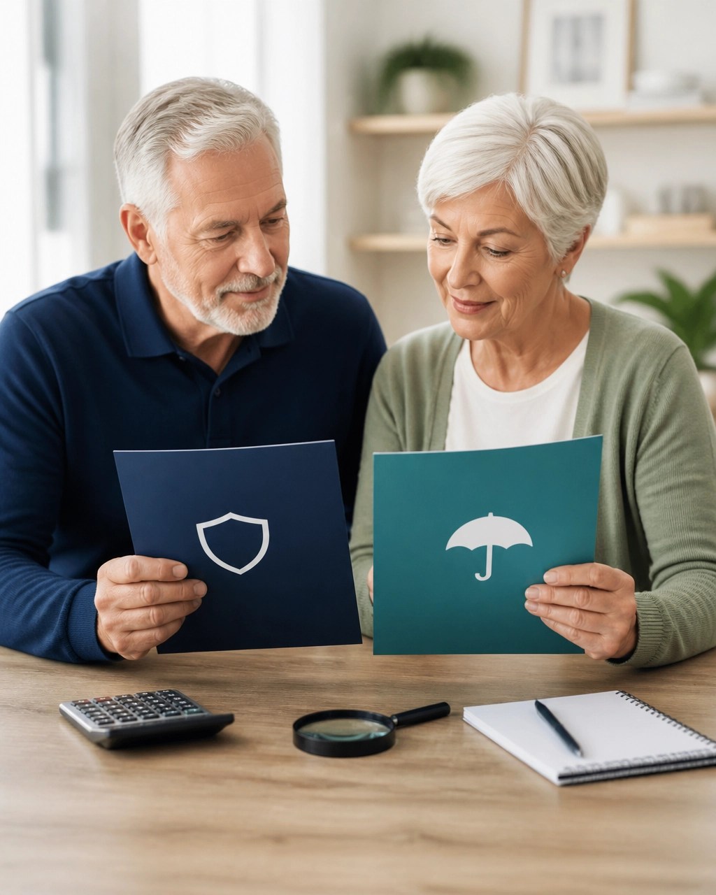 Older couple comparing Medicare Supplement options with a calculator and organized insurance folders