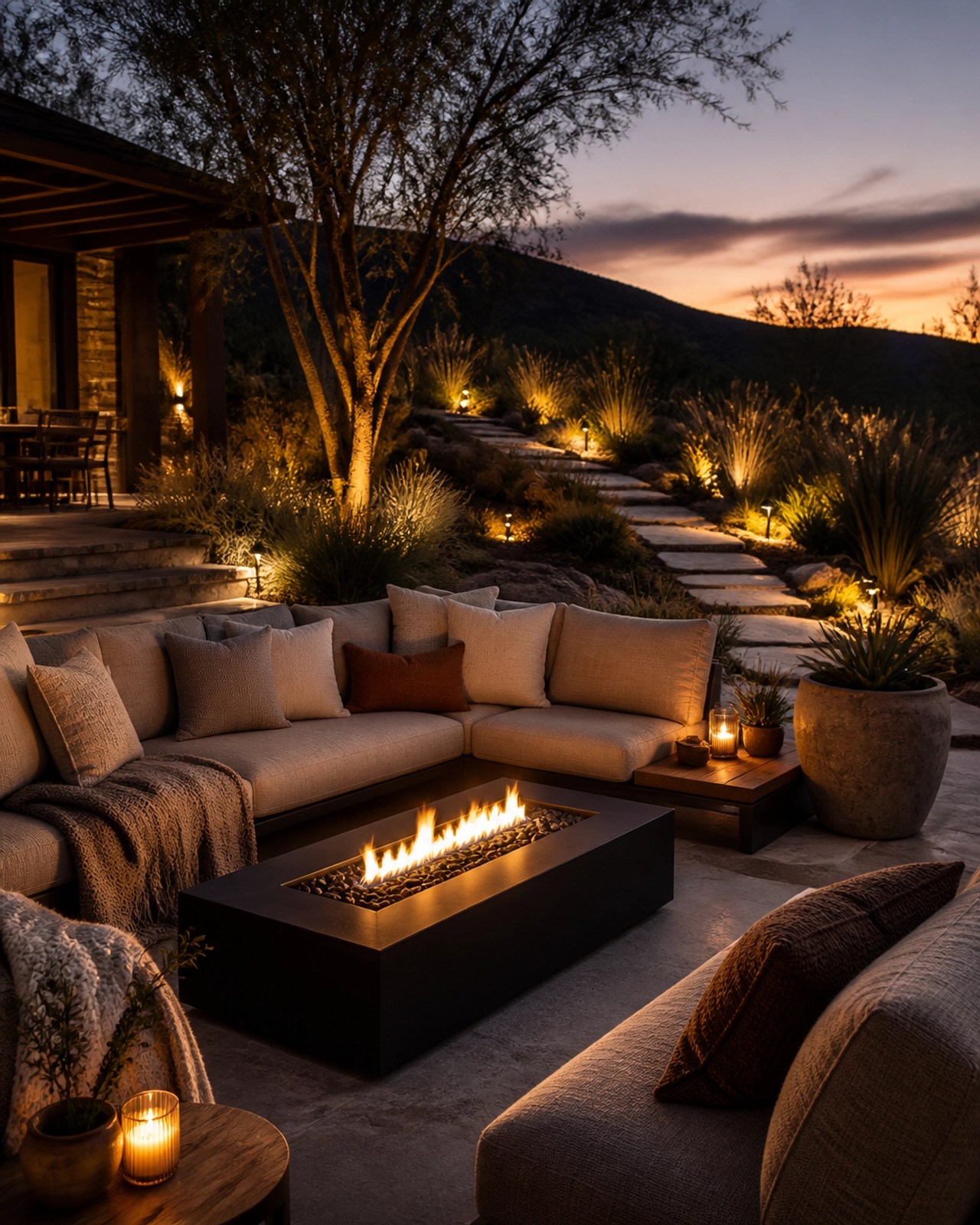 A cozy outdoor fire pit area with modular seating at dusk