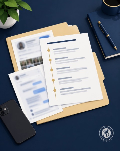 A folder of blurred screenshots and a handwritten timeline on a navy desk