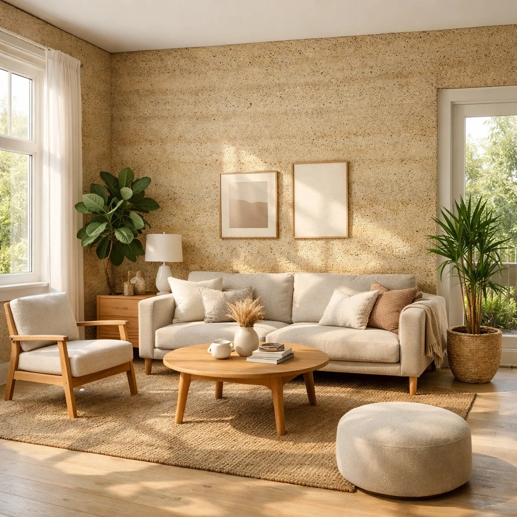 Modern living room featuring natural hempcrete walls and sustainable interior design