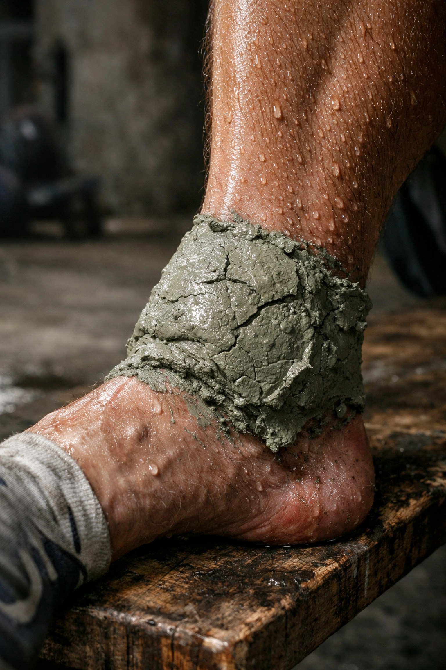 Close-up of Clayer Recovery mineral clay applied to an athlete's ankle to reduce inflammation naturally.