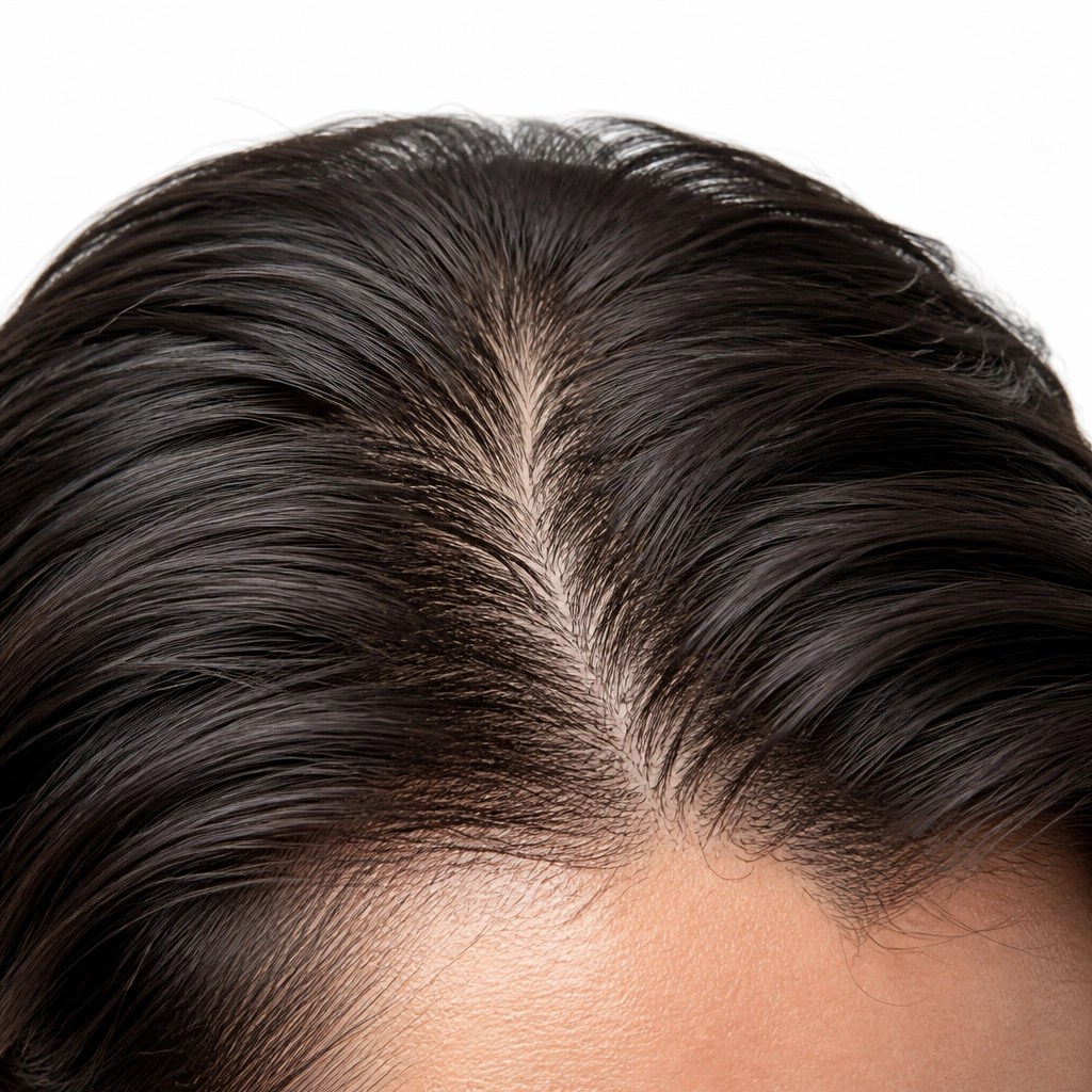 High-resolution clinical close-up of a healthy scalp and hair follicles