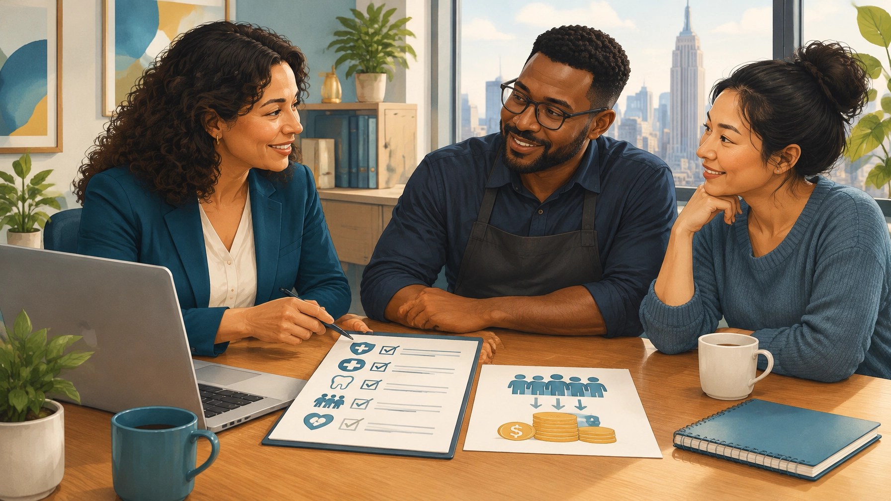 Benefits advisor guiding a New York small business owner through a practical health insurance strategy