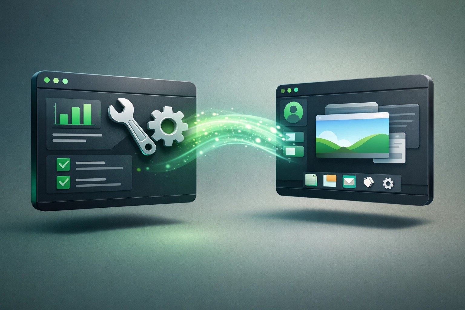 Secure remote PC troubleshooting session connecting a technician dashboard to a user desktop screen.