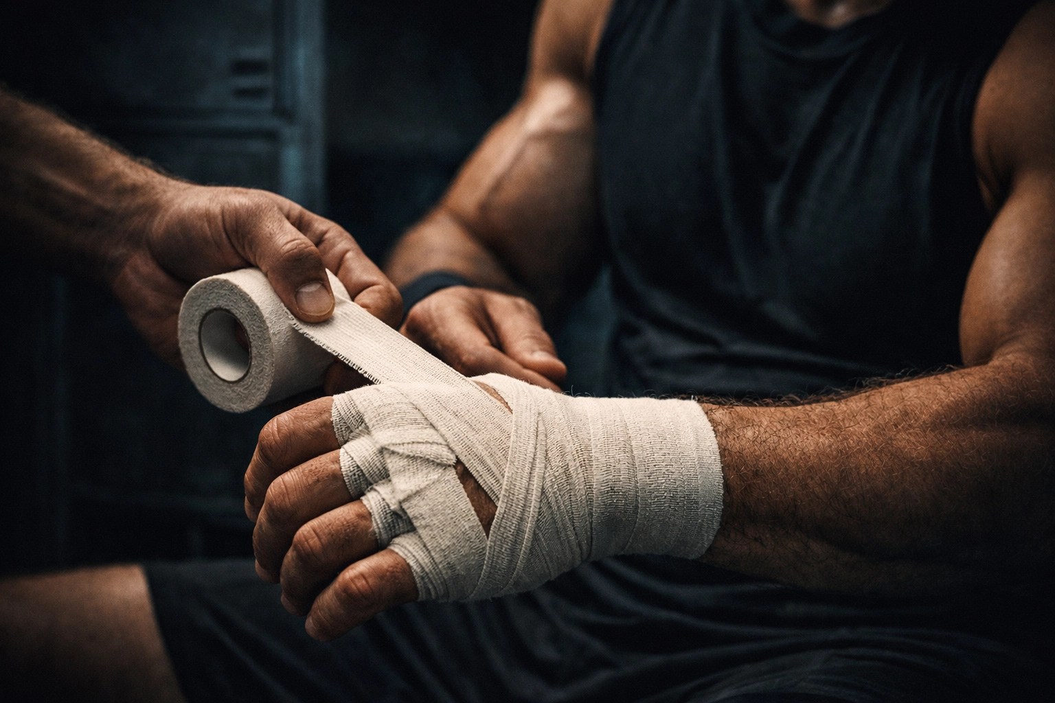 Close-up of a fighter’s hands being wrapped with tape in a locker room, representing the physical sacrifice for the bag.