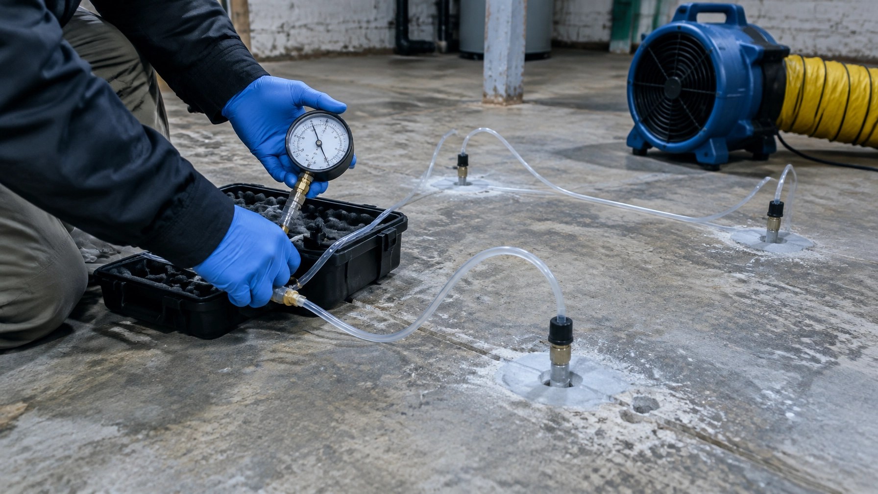 Field engineer conducting a pressure field extension test with temporary sub-slab monitoring points and pressure instrumentation