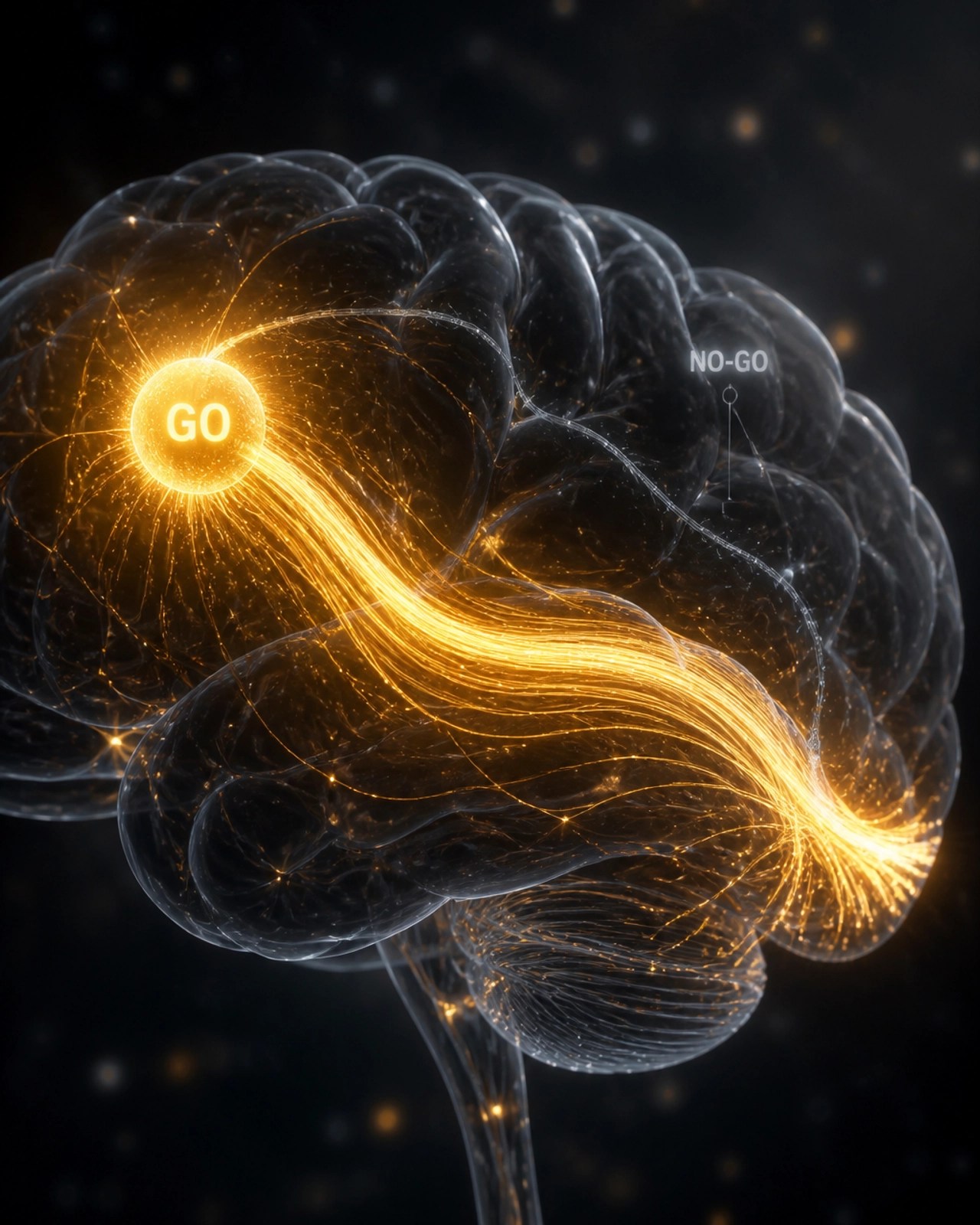 A futuristic 3D visualization of a human brain where the 'GO' pathway is a thick, glowing gold cable and the 'NO-GO' pathway is a thin, grey, flickering wire