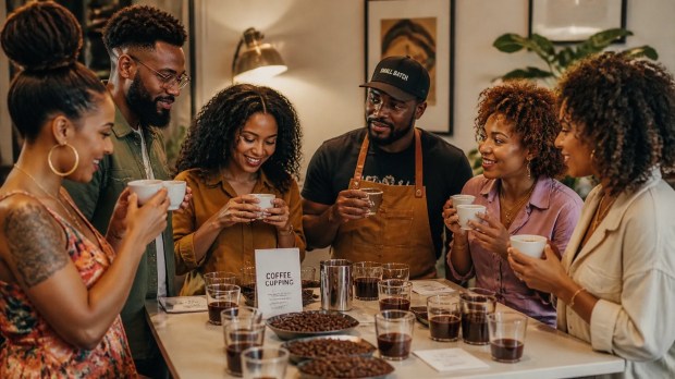 A diverse group of people of color enjoying a coffee tasting event together