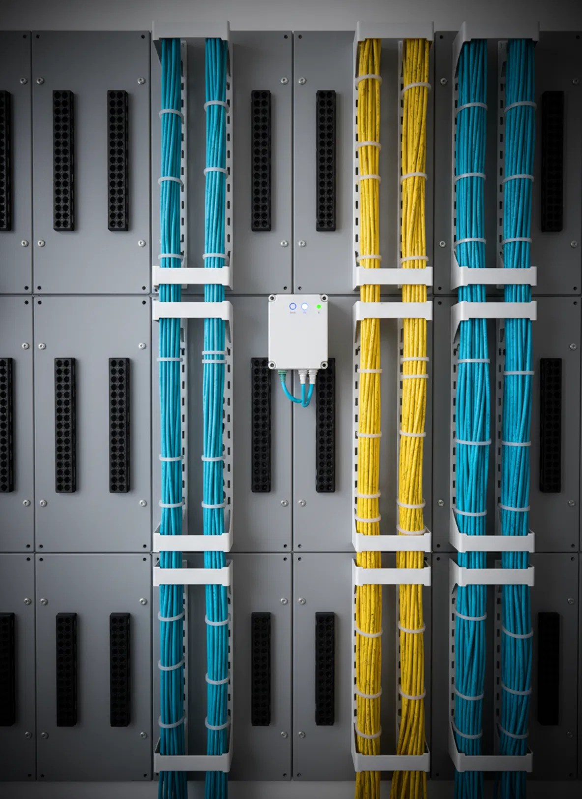 Organized server rack patch panel with color-coded cabling