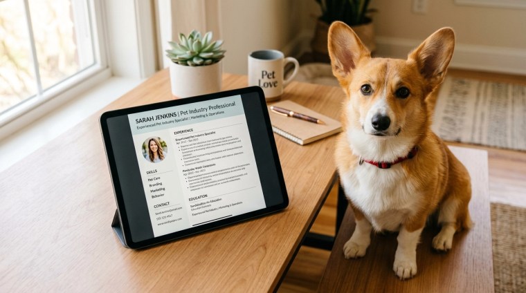 A professional-looking digital resume or portfolio displayed on a tablet, with a cute French Bulldog sitting nearby in a bright, polished setting.