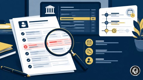 Illustration of a background check report being checked against a court docket and timeline to identify outdated or mismatched information