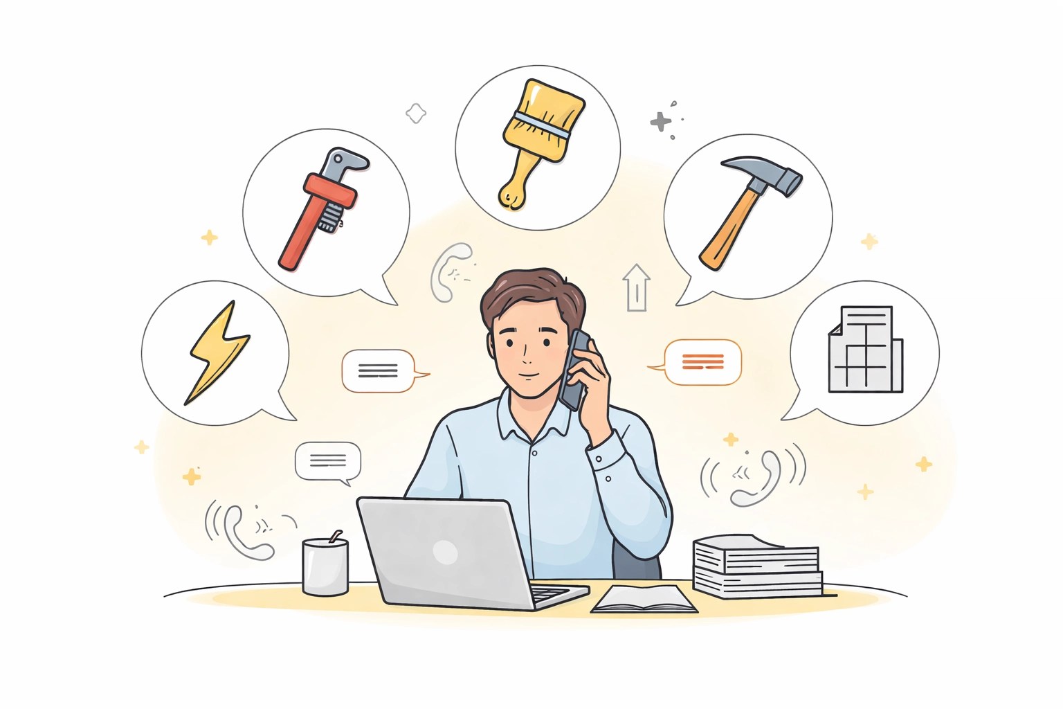 Property manager coordinating multiple handyman services and contractors from desk