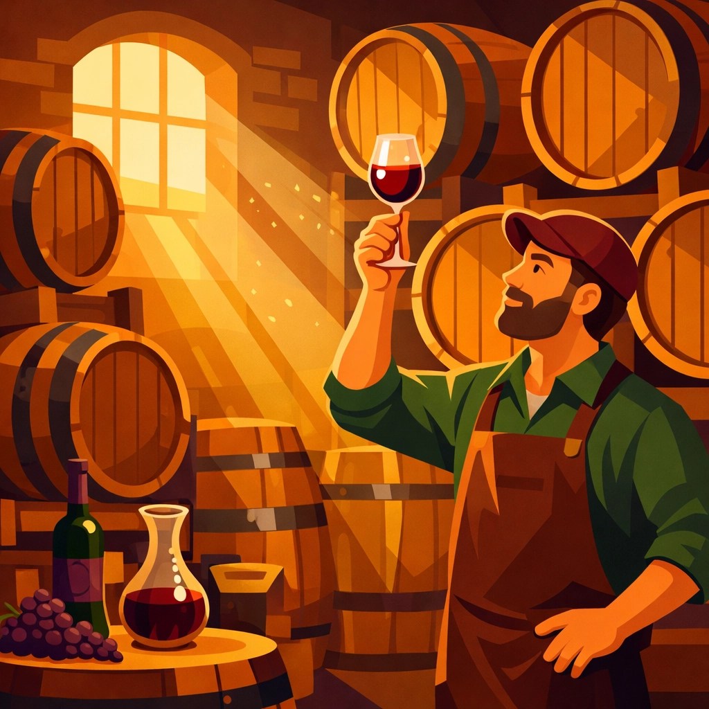 Winemaker examining wine in barrel room during exclusive behind-the-scenes vineyard tour