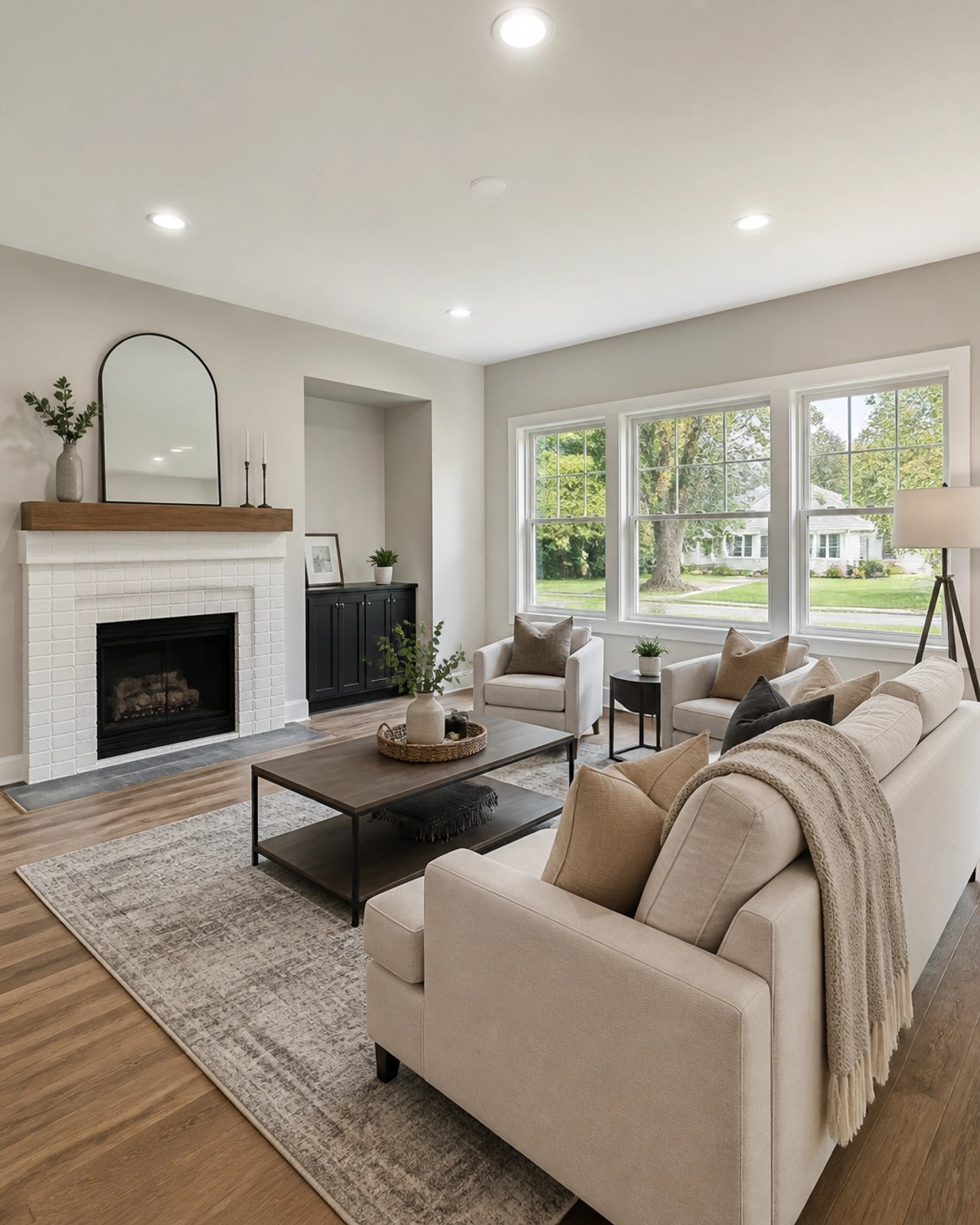 A high-end interior shot of a modern, renovated living room in a suburban home.