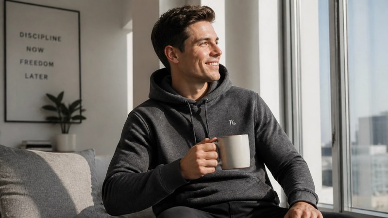 A young professional enjoying a Saturday morning in a premium branded hoodie