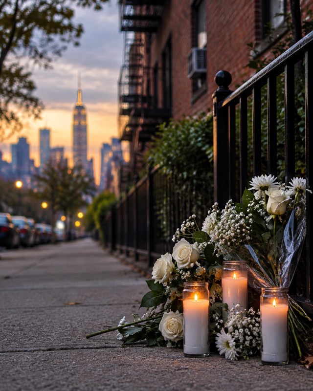 Flowers and candles near a Bronx apartment building after the deadly incident