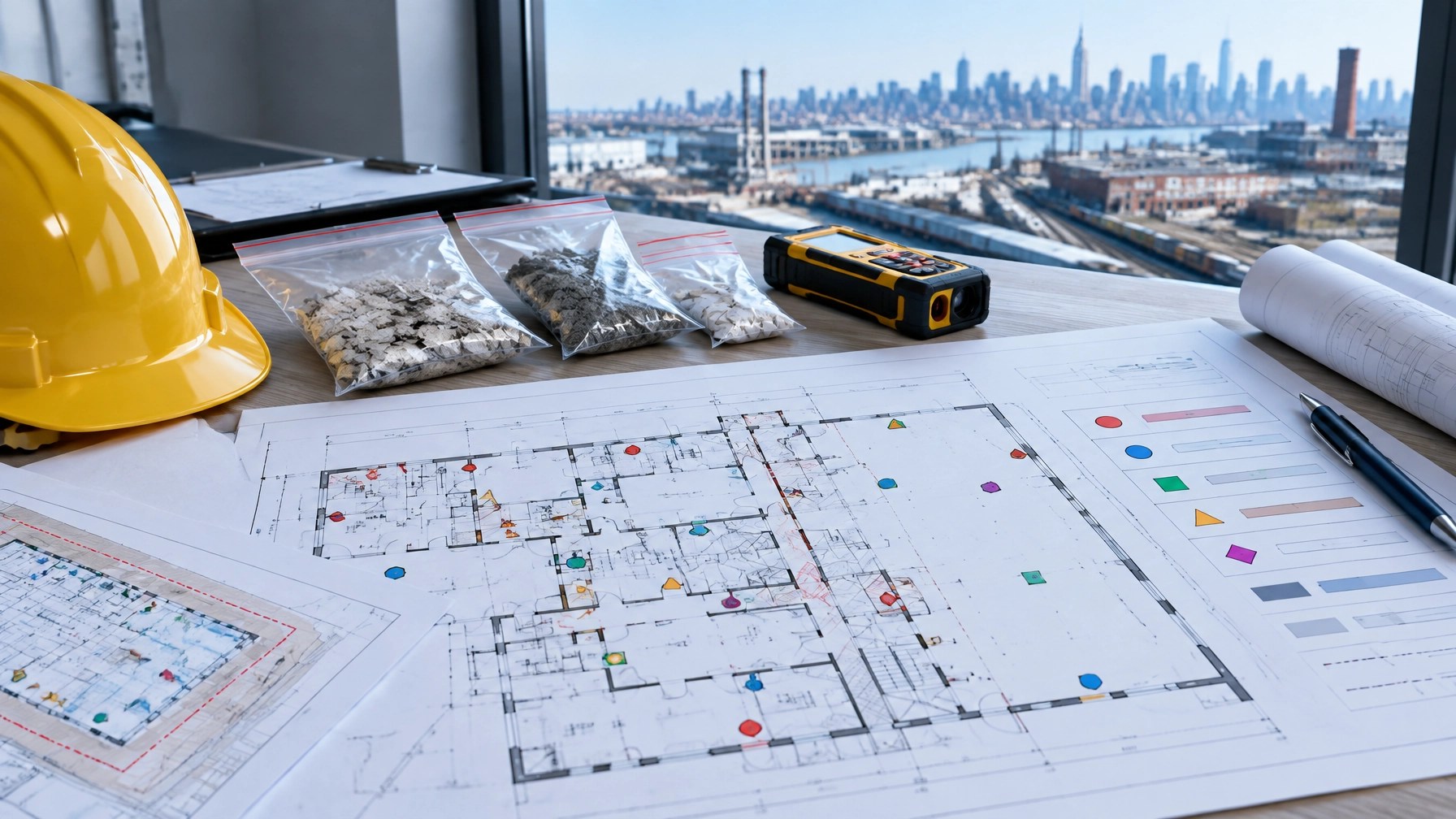Technical floor plan with mapped sample locations for an asbestos pre-demolition survey