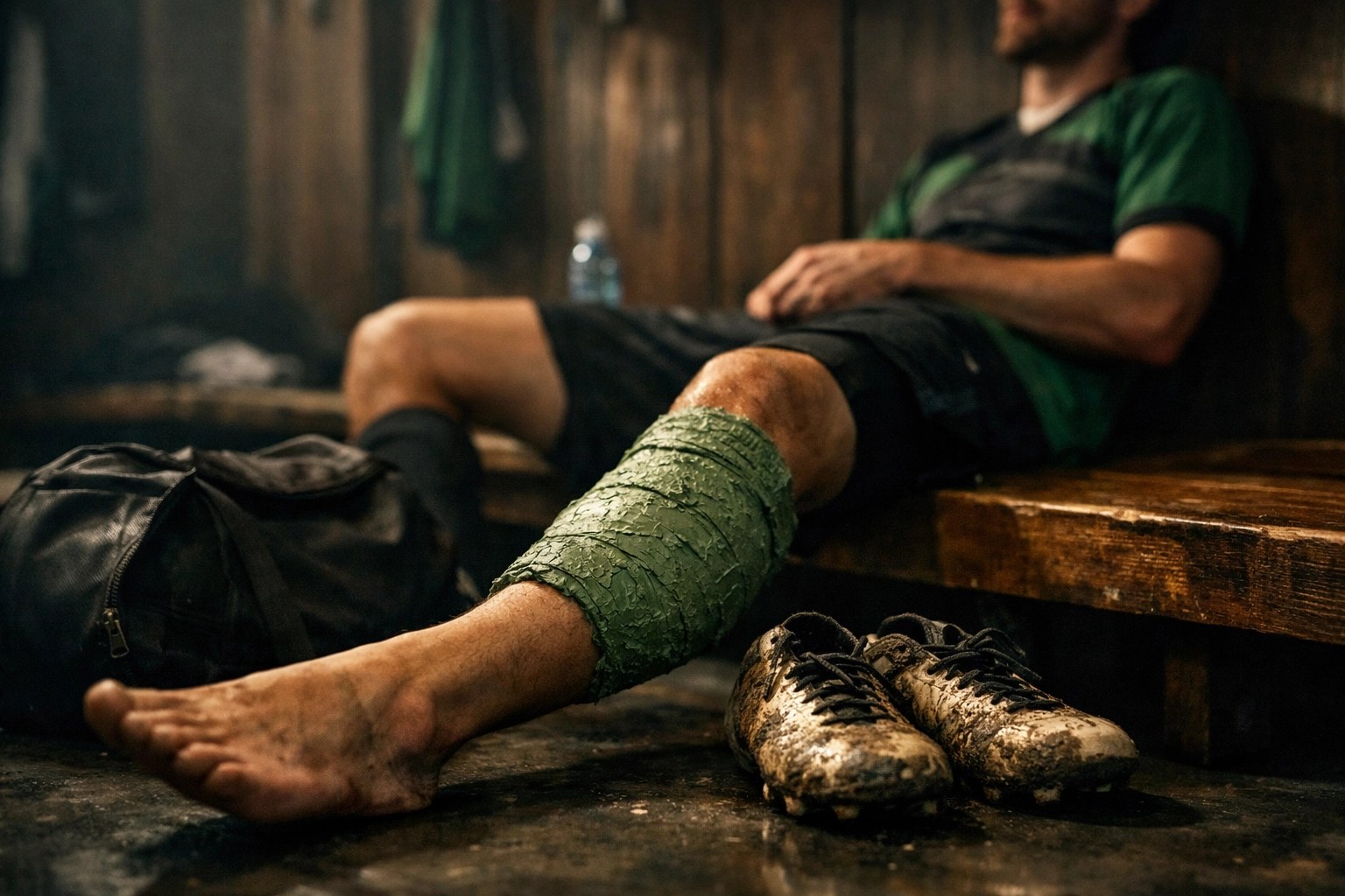 Soccer player in a locker room using a green clay poultice on their ankle for post-game recovery.