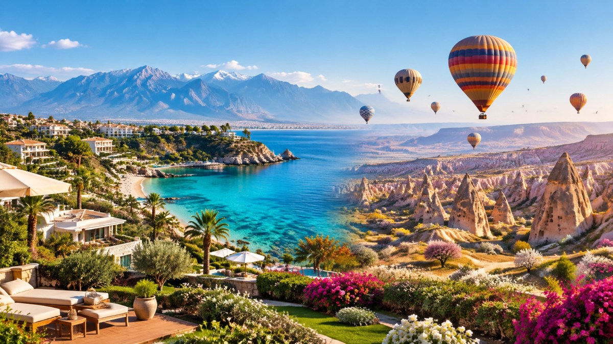 Early-April Türkiye with turquoise Antalya coast, low-rise resort gardens and Cappadocia balloons