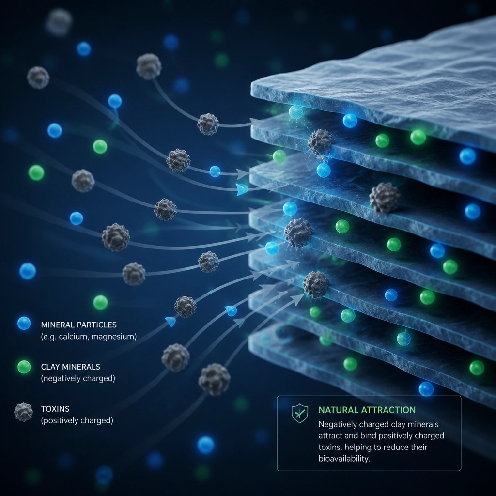 Abstract visualization of clay particles attracting toxins