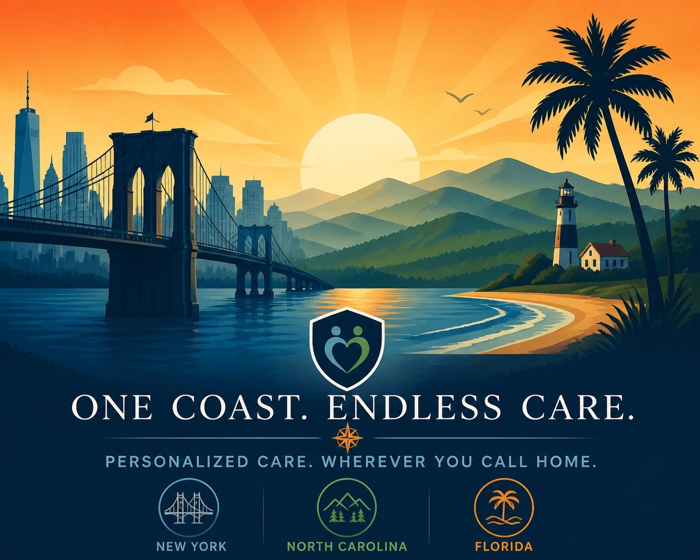 Illustration of landmarks representing Medicare services in NY, NC, VA, and Florida.