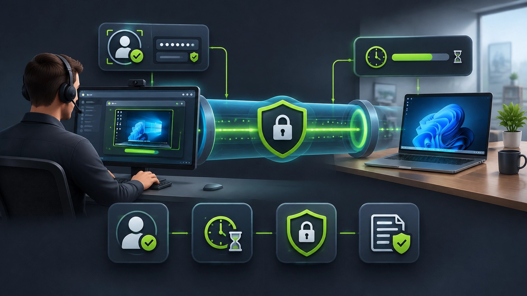 Secure remote IT support connection between a technician and a small-business laptop
