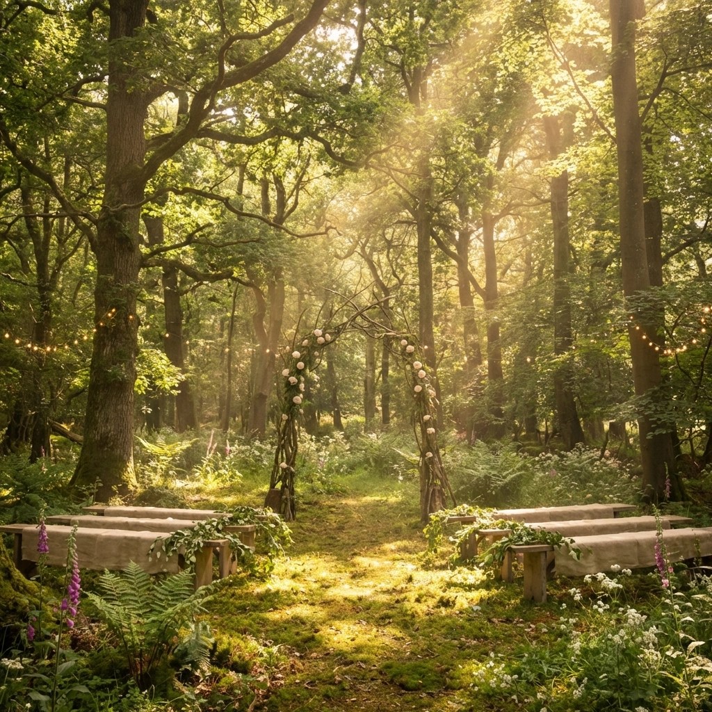 Woodland wedding site in Kent with rustic seating and sunlight, showcasing hidden woodland venues.
