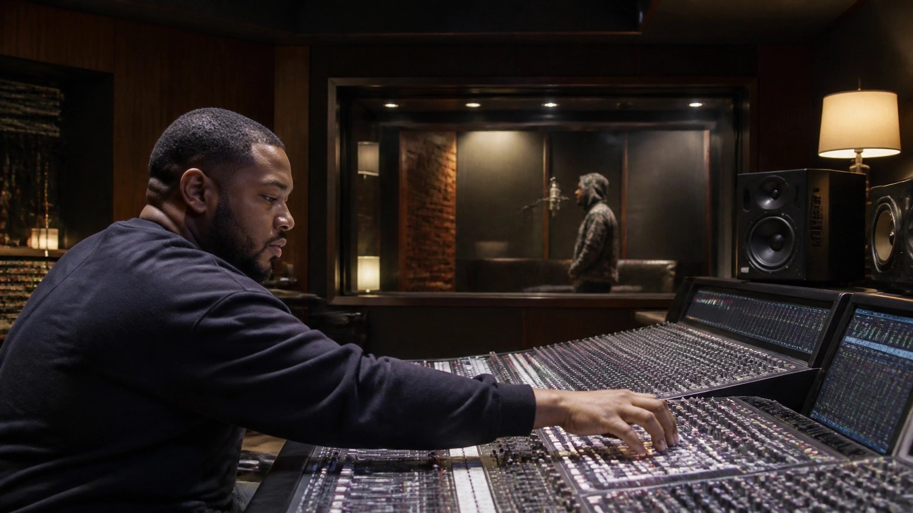 A professional music producer working in a high-end recording studio. They are adjusting sliders on a large mixing console. In the background, an artist is visible in a glass-enclosed vocal booth. The lighting is moody and professional.