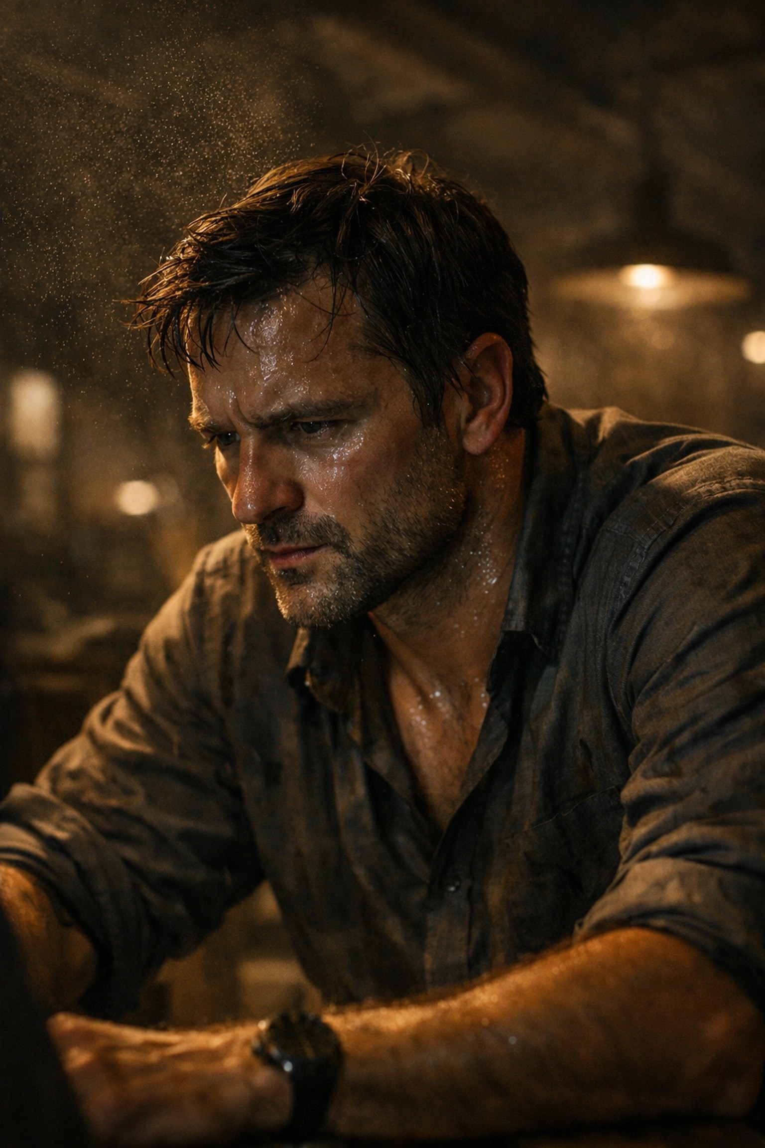 Sweaty professional working late, highlighting the physical endurance and sweat production of high-intensity tasks.