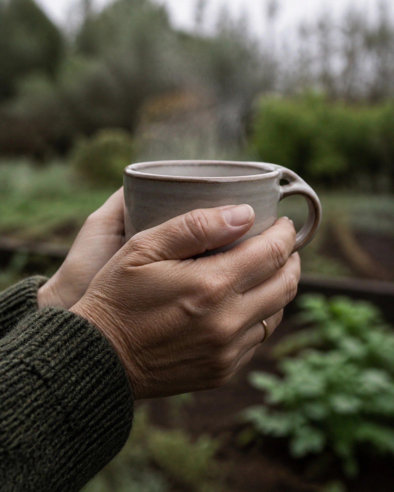 Hands cupping a ceramic mug, representing a moment of quiet grounding and presence.