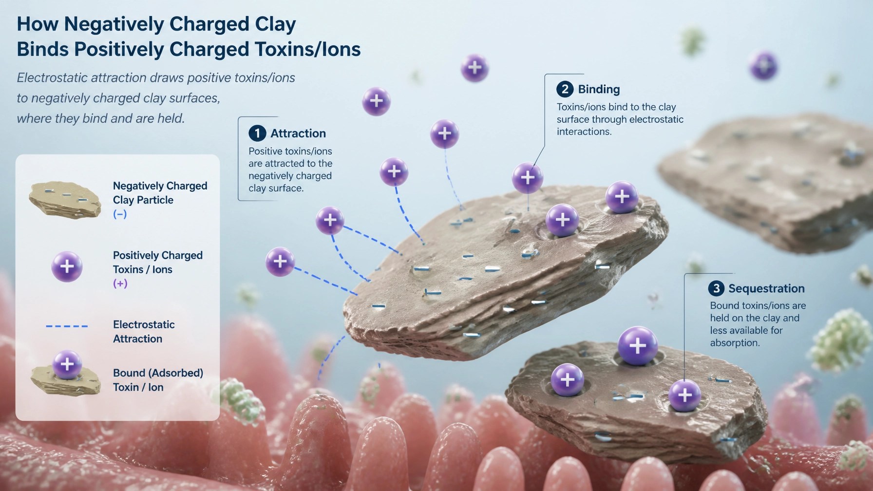 Scientific illustration of clay particles binding toxins