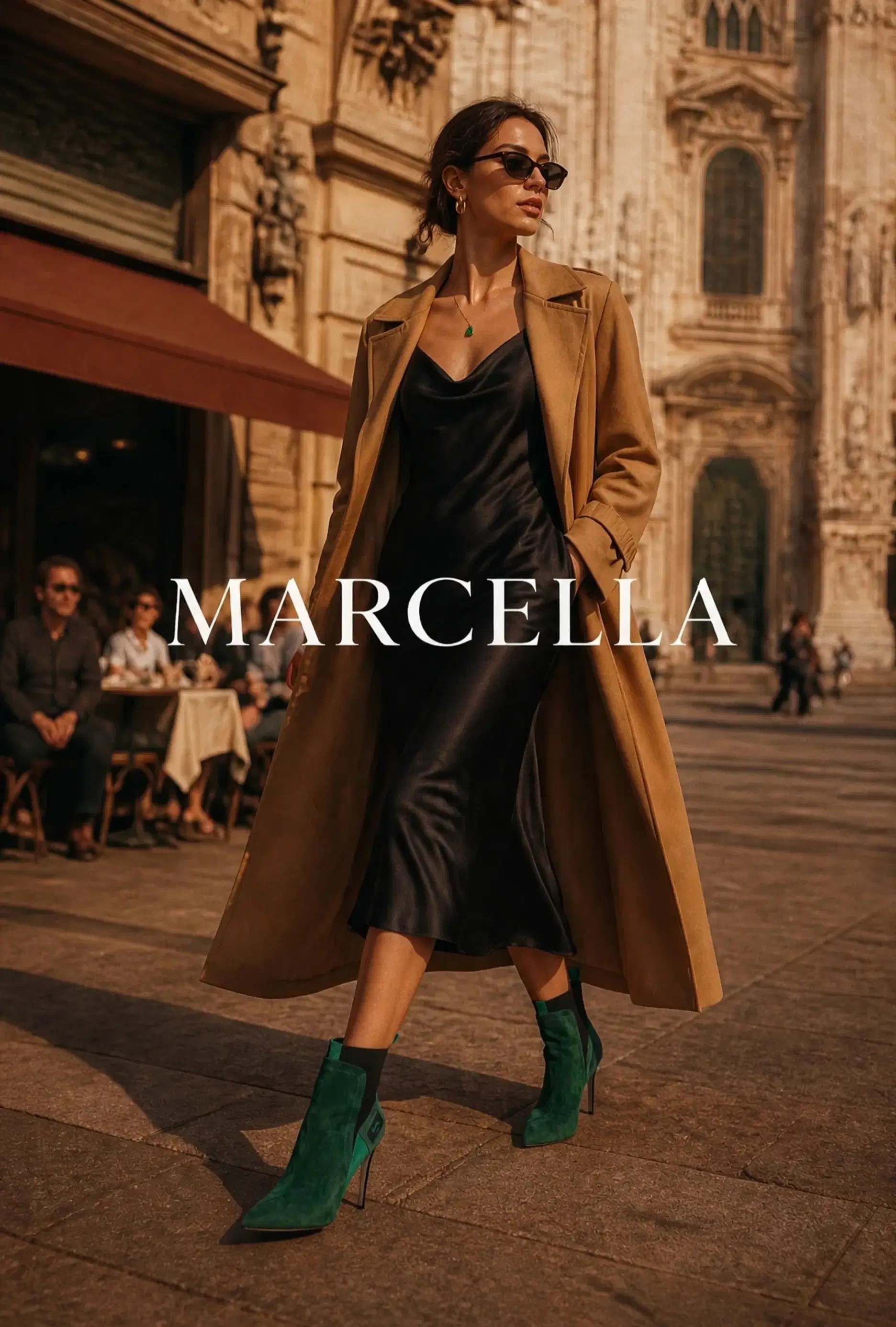 Woman walking through an Italian piazza in green suede stiletto ankle boots