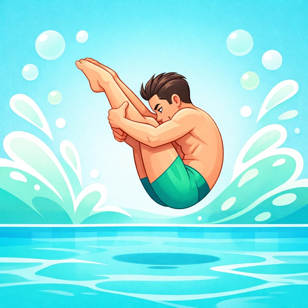 Cartoon of a competitive diver mid-dive, highlighting performance under chlorine pool conditions.