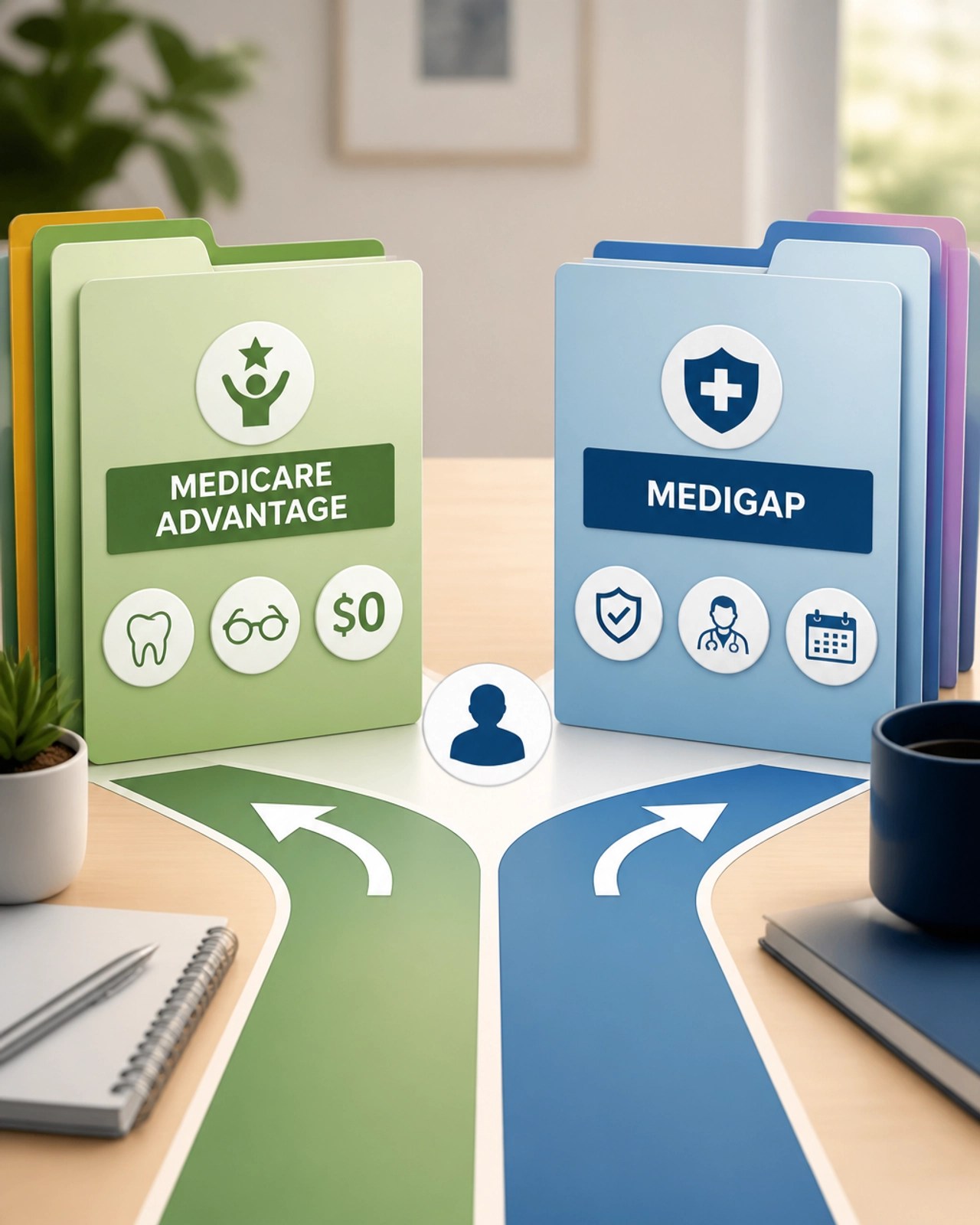 A visual comparison representing the choices between Medicare Advantage and Medigap folders.