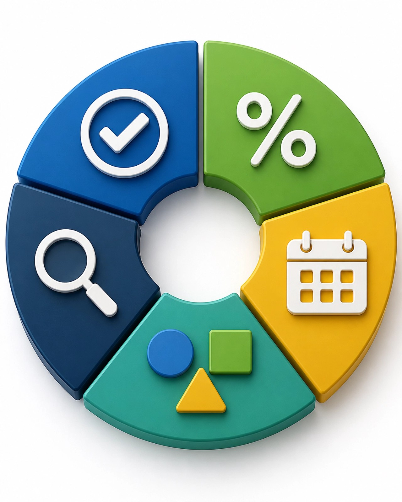 3D minimalist infographic showing the five components of a credit score represented by segments of a circle