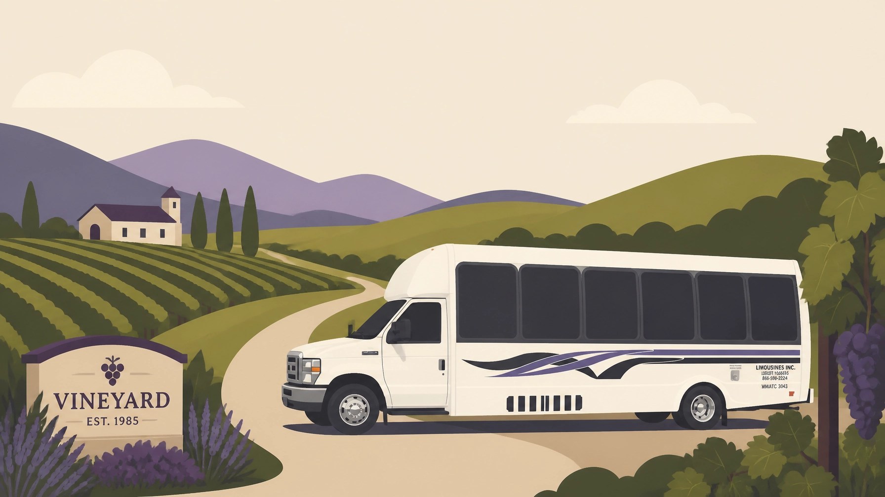 A minimalist flat illustration of a luxury bus traveling through a stylized vineyard landscape with green hills and purple accents.
