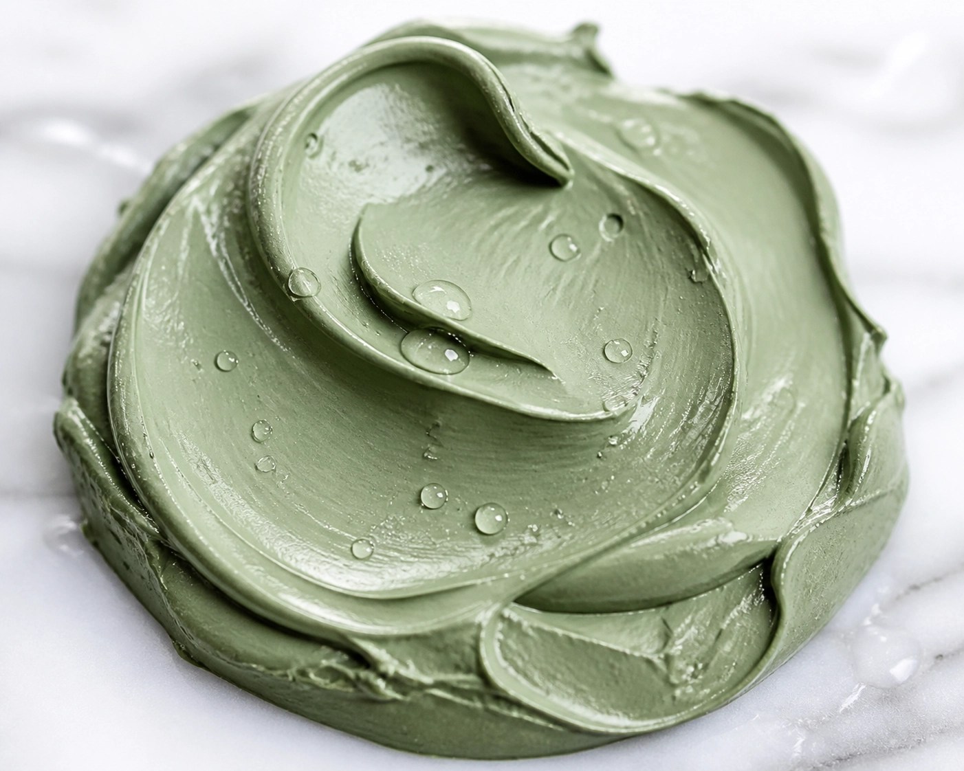 Close-up of smooth, pure French green clay showing its rich mineral texture and purity.