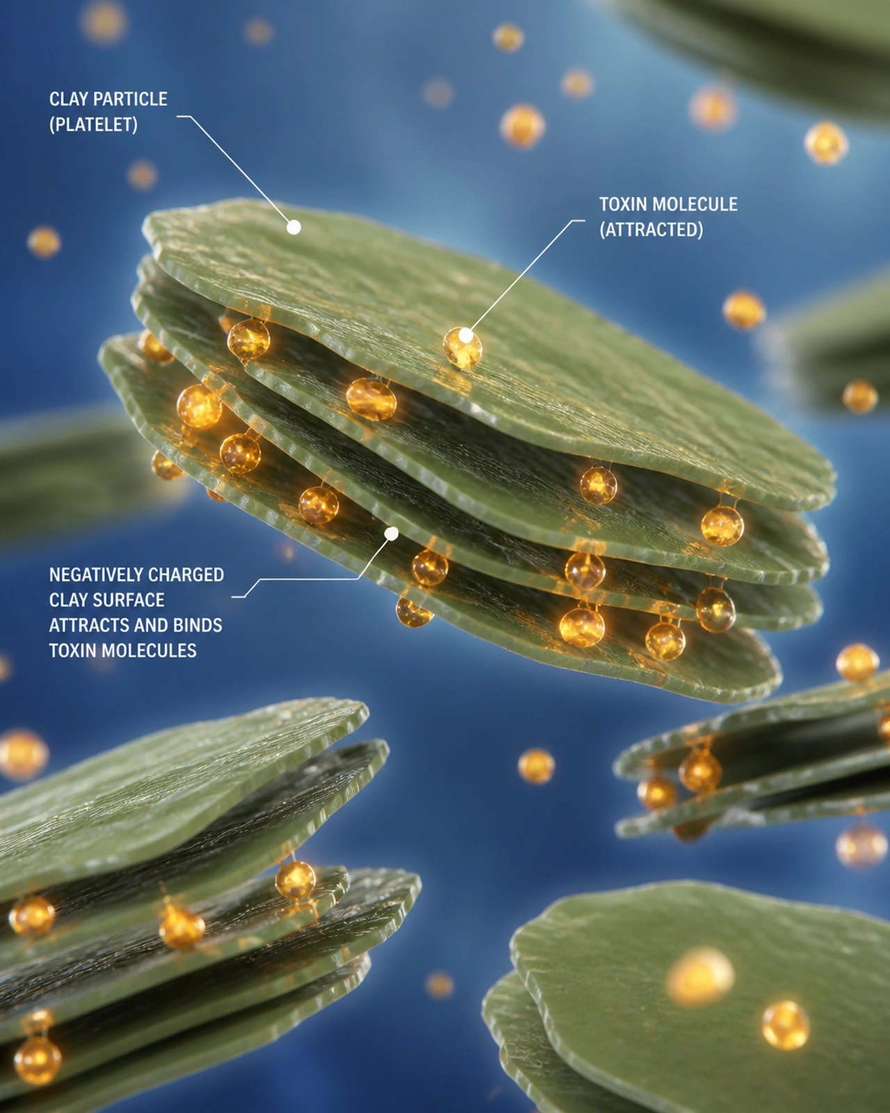 Scientific visualization of clay particles trapping glowing toxin molecules.