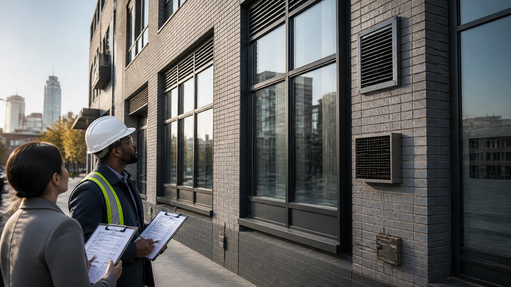 Completed NYC multifamily facade with sealed acoustic windows and mechanical ventilation closeout inspection