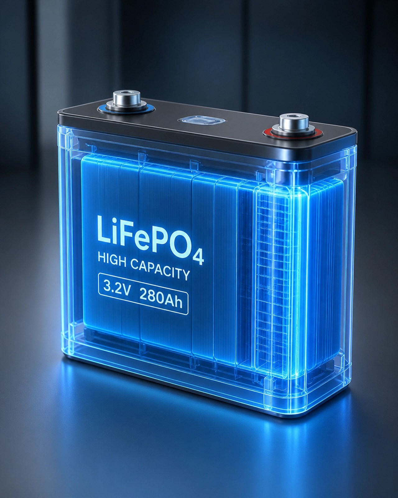 3D digital illustration of a glowing blue LiFePO4 battery cell