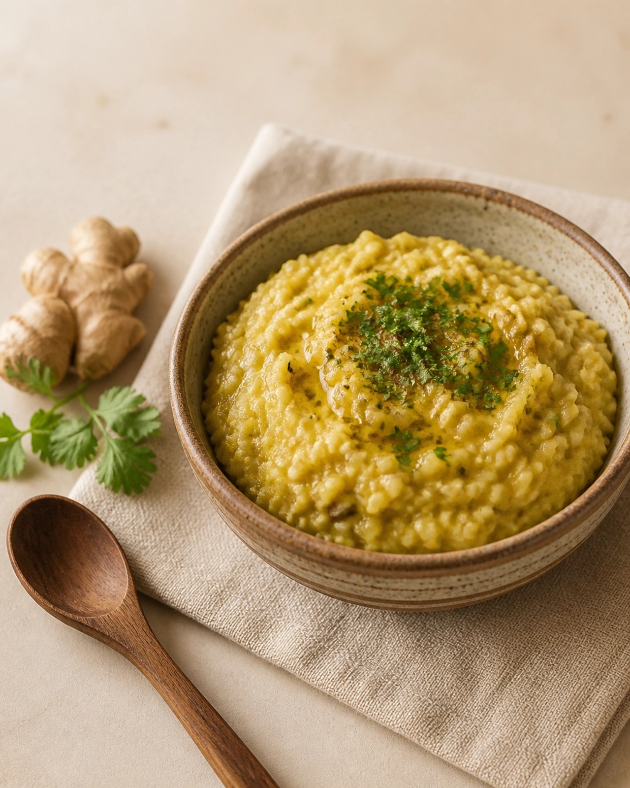 A balanced Ayurvedic Kitchari meal served in a rustic ceramic bowl