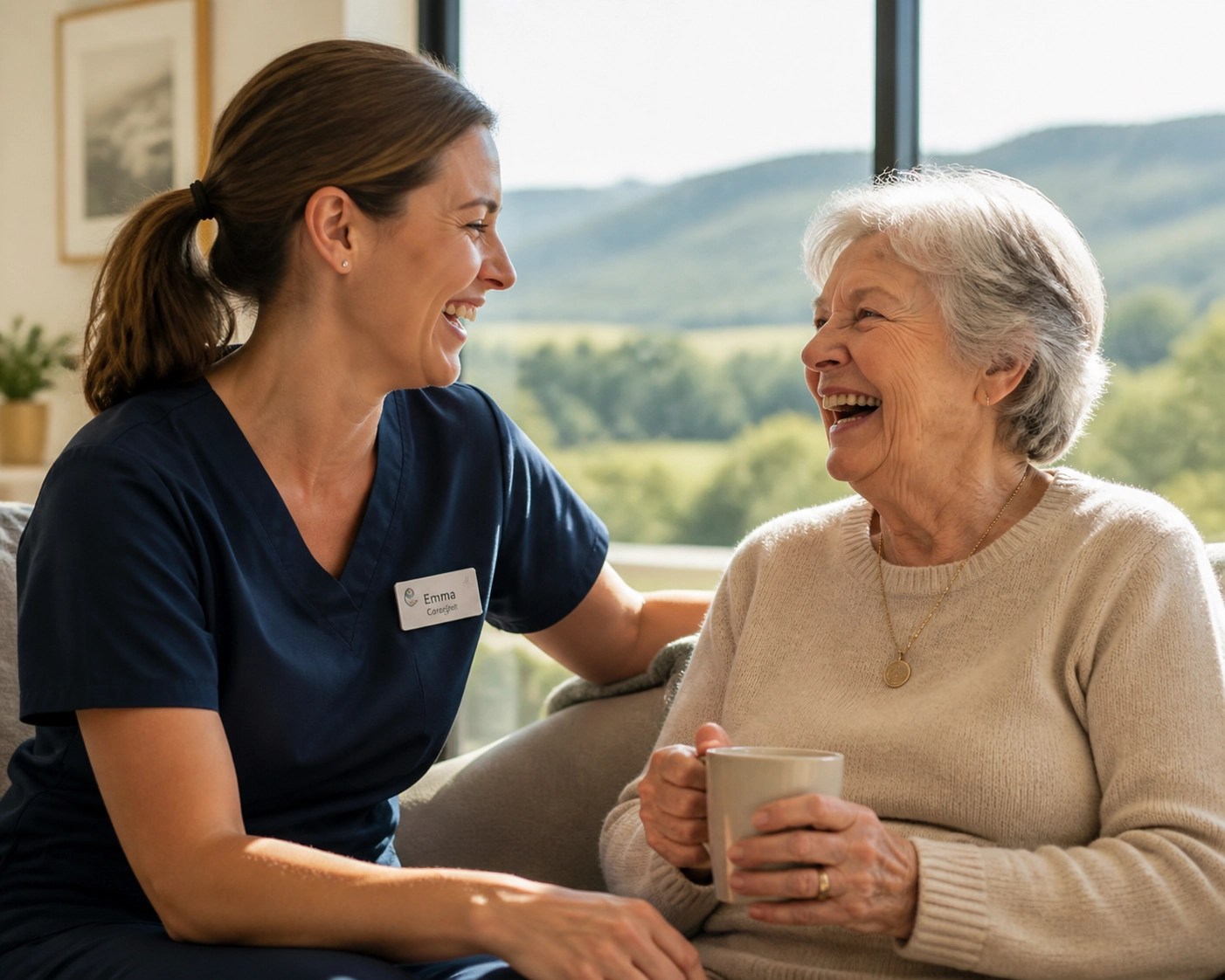Elderly patient and caregiver discussing healthcare plans with a rural view background.