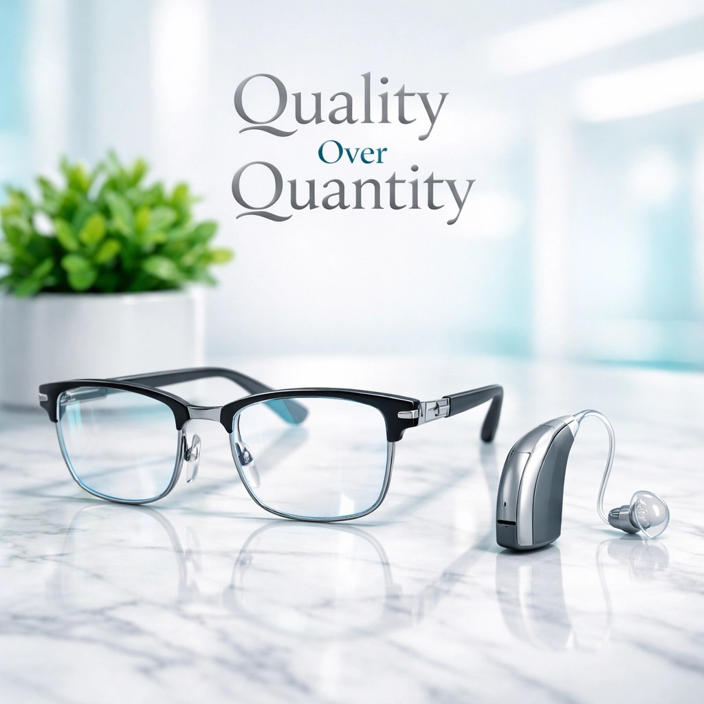 Modern eyeglasses and a hearing aid representing extra vision and hearing benefits in Medicare Advantage.