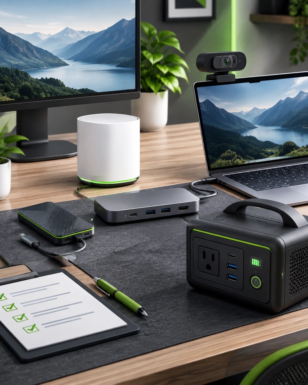 Portable SSD, Wi-Fi mesh node, USB-C dock, webcam, and backup power arranged on a creator workstation