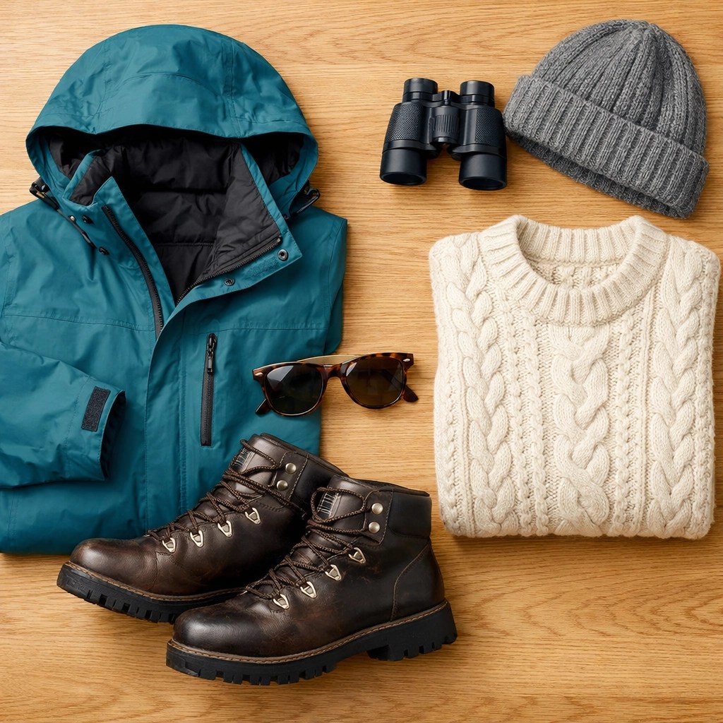 Essential Alaska cruise layering clothes featuring a waterproof shell, warm sweater, and boots for shore excursions.