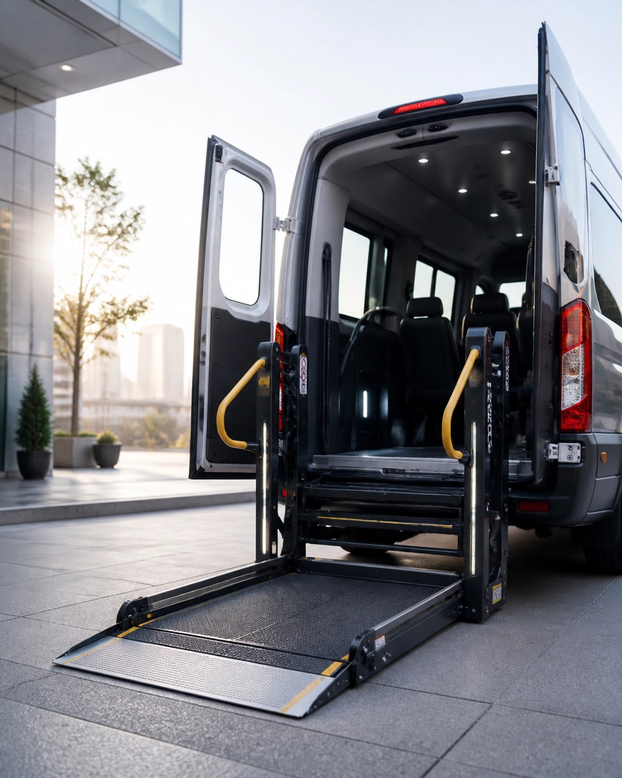A detailed shot of a modern wheelchair ramp being deployed from a sleek medical transport van