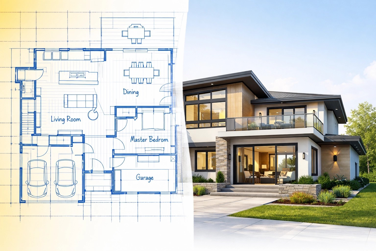 Custom home blueprint transforming into finished house showing design to build process