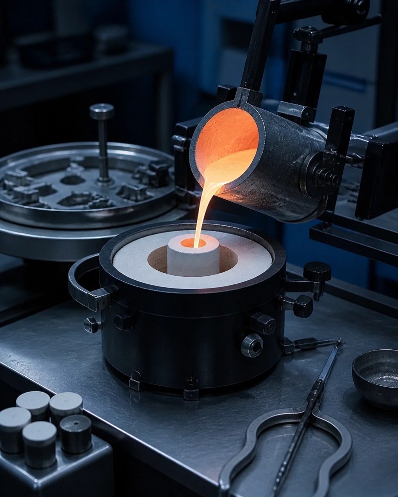Controlled jewelry casting setup with crucible, investment flask, and professional bench tools